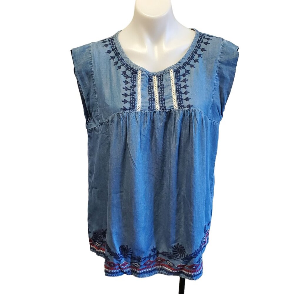 Knox Rose Womens Blue Boho Floral Embroidered Sleeveless Chambray Top Med